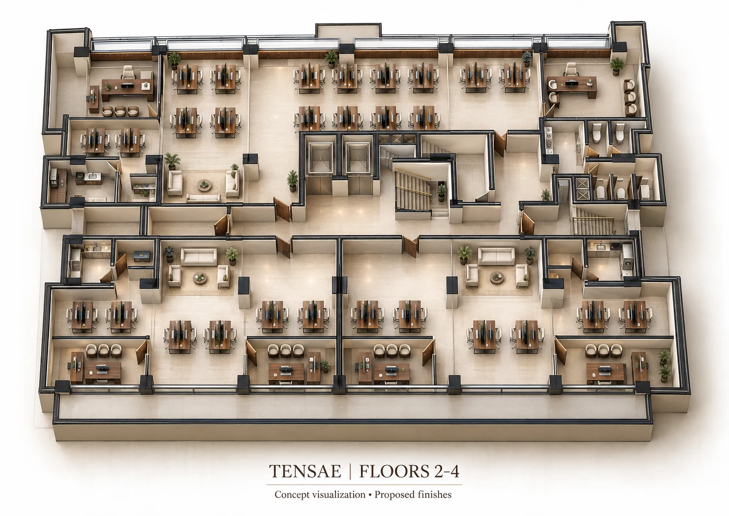 Floors 2–4 · Offices — full-floor 3D concept