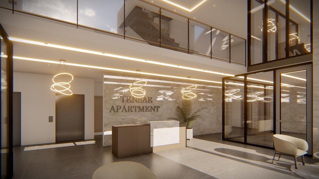 Tensae apartment lobby rendering with a reception desk, double-height glazing and sculptural lighting
